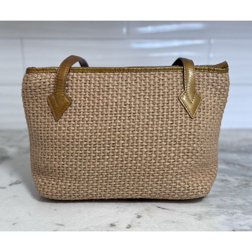 Auth Vintage Bottega Veneta Raffia Woven Beige Gold Patent Leather Shoulder Bag